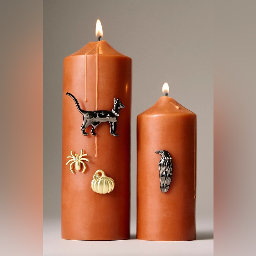 Anthropologie Golden & Black Cat Raven Pumpkin Halloween Candle Charms NWT